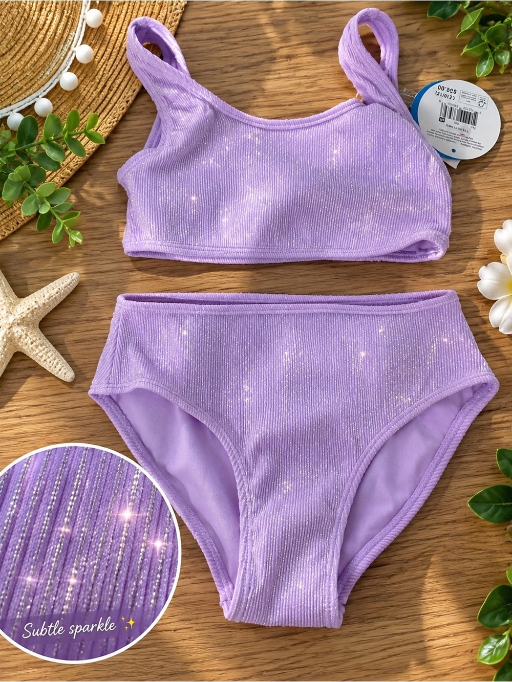 Kids Ribbed Tank Bikini Set - Lavender Sparkle Fabric